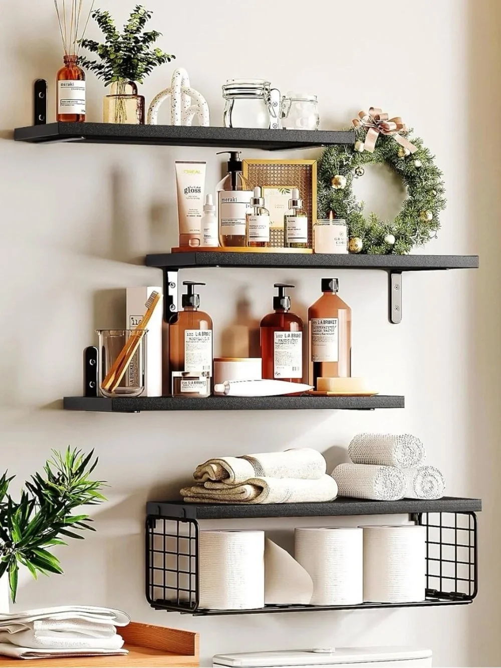 Fixwal Floating Wall Shelves in black wood. Wall Decor for any room. New.